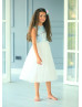 Blue Sequin Ivory Tulle V Back Flower Girl Dress